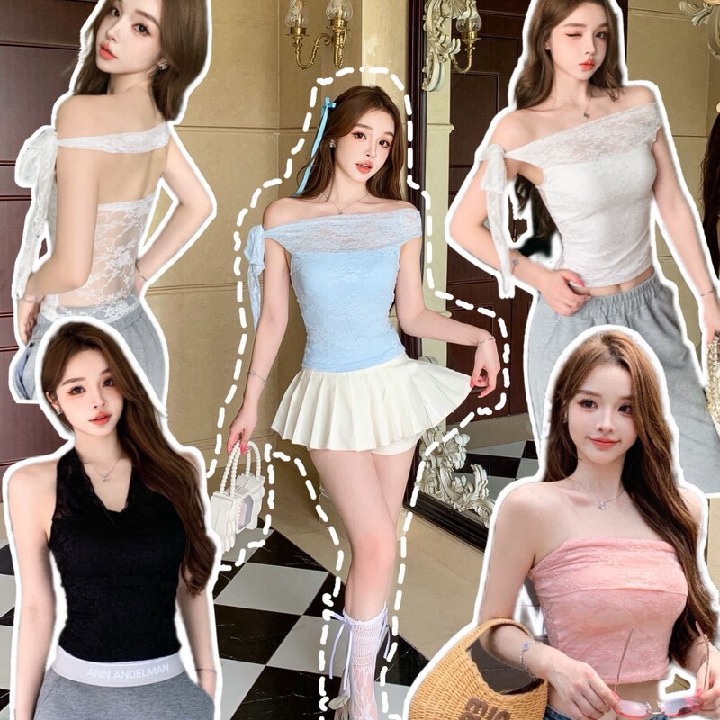33072 # Multiple Ways to Wear It: Lace Jacquard Halter Neck Camisole, New Summer Design, Tie-Up Off-Shoulder Top 33072 # Multiple Ways to Wear It: Lace Jacquard Halter Neck Camisole, New Summer Design, Tie-Up Off-Shoulder Top
