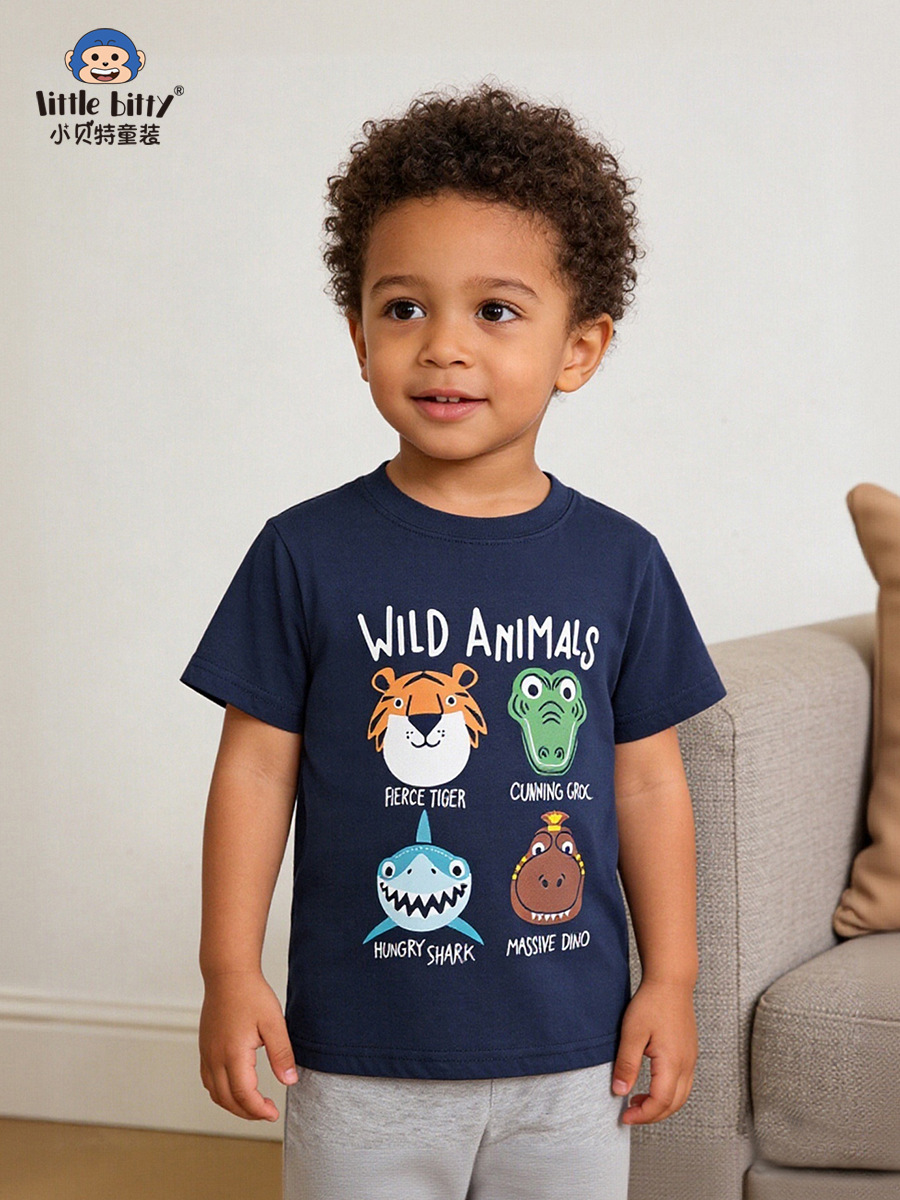 Cross-Border Children's Clothing 26Th Spring/Summer Collection Children's Short-Sleeve T-Shirt with Cartoon Animal Print Round Neck Kids' Top Wholesale in Stock