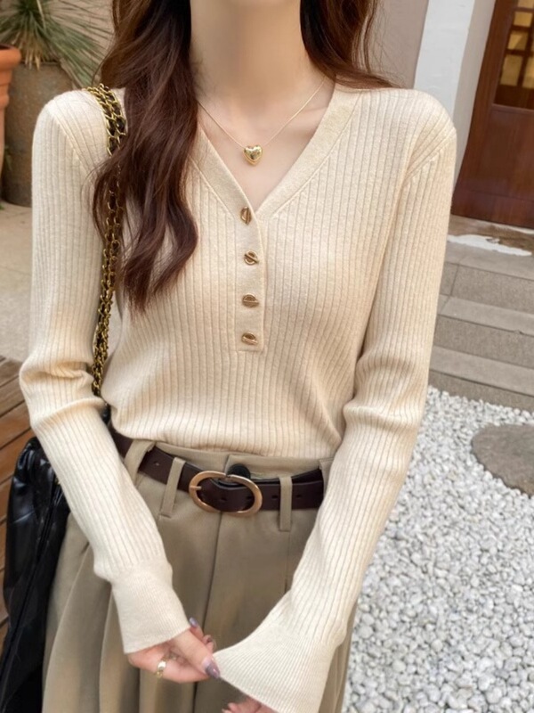 小香风秋冬针织打底衫女内搭2025新款v领软糯修身毛衣长袖春上衣|undefined