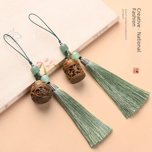Green Sandalwood Chinese Lotus Incense Bag Pendant Phone Chain Hook, Ancient Style Mandarin Collar Brooch, Hollow Flowing tassels