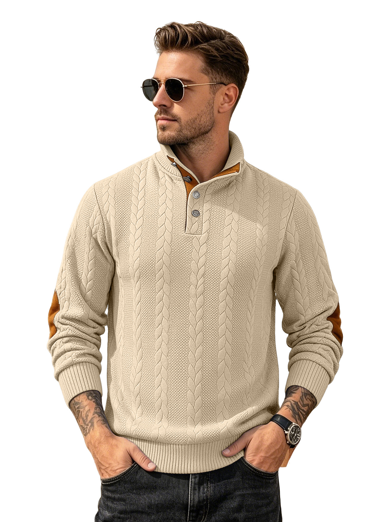 Camiseta POLO jacquard para hombre, estilo europeo y americano, con cuello Henley, manga larga, bordado con parches, suéter informal para hombre.