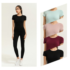 Cross-border spring and summer new sports tops women's short yoga clothes with chest pads tight sexy slim short-sleeved fitness clothes