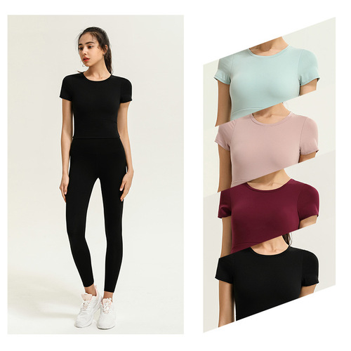 Cross-border spring and summer new sports tops women's short yoga clothes with chest pads tight sexy slim short-sleeved fitness clothes