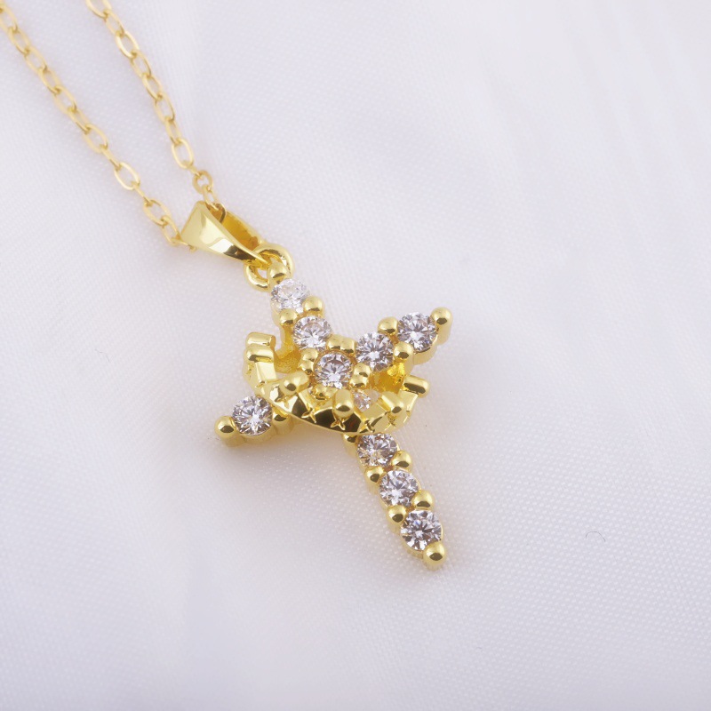 Women's Crown Cross Hollow Design Colorful Zircon Clavicle Chain Necklace Light Luxury Gold Plated Copper Jewelry detail image 7