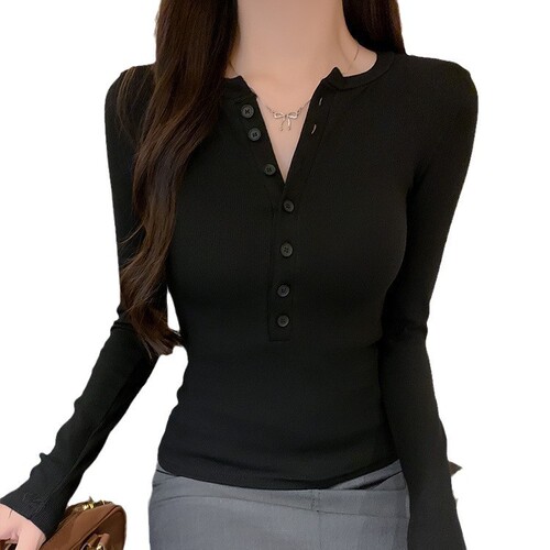 Spicy Girl Tight Off-Shoulder Long-Sleeve T-Shirt for Women 2025 Spring/Summer Base Layer Slimming Innerwear with Buttons—Student Style Top