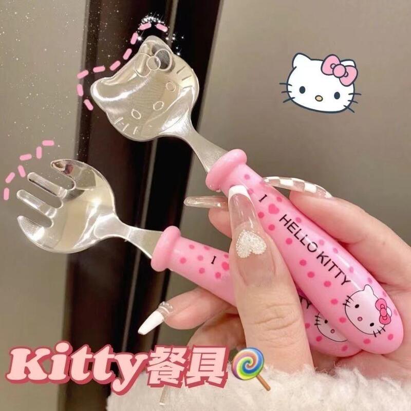 Little Red Book Cute Cartoon Kt Cat Hello Kitty Spoon Fork Cutlery Set for Girls Students Portable Travel Box Storage