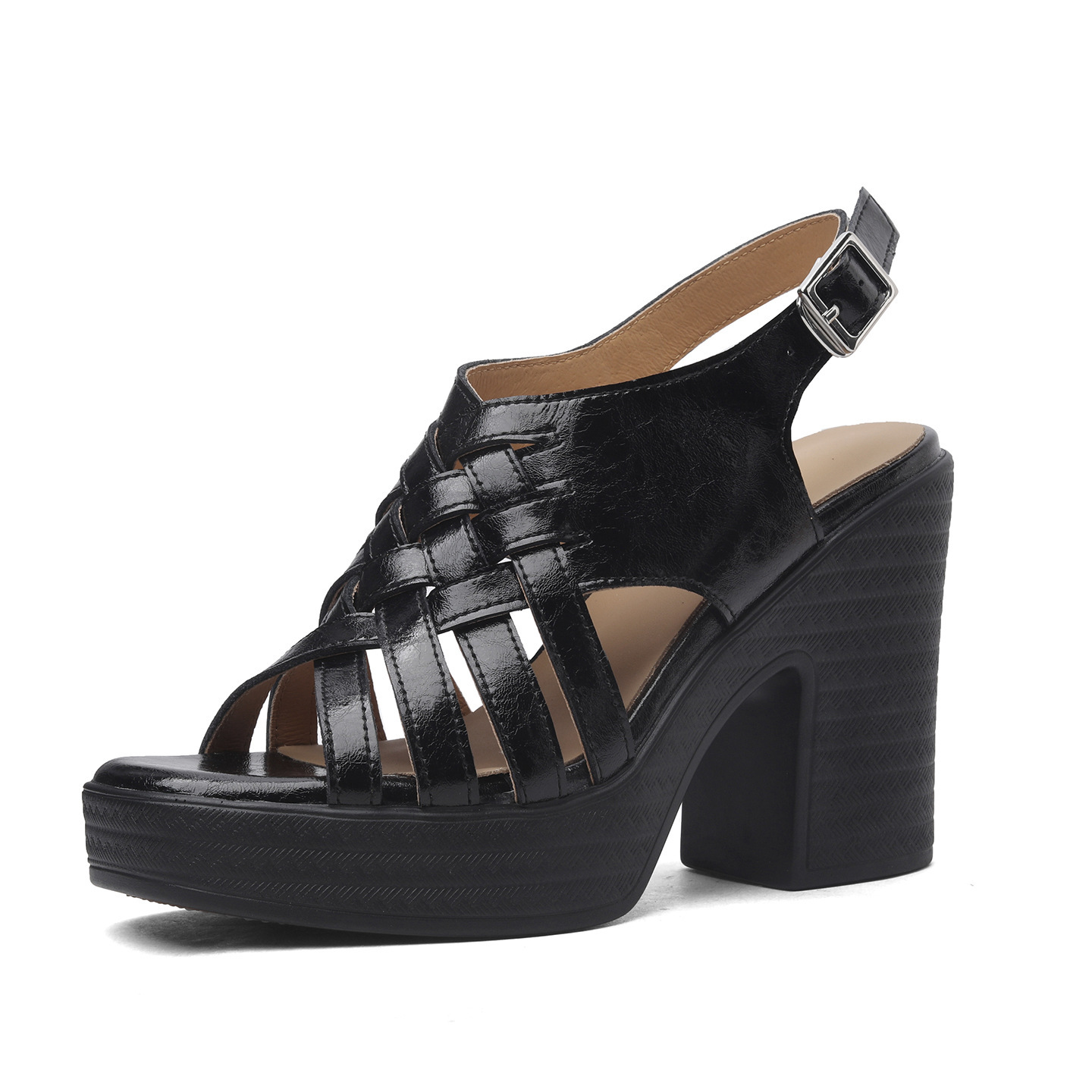 Sandal cao gót nữ hở mũi quai ngang khóa, gót 10.5 cm — đen chi tiết 12