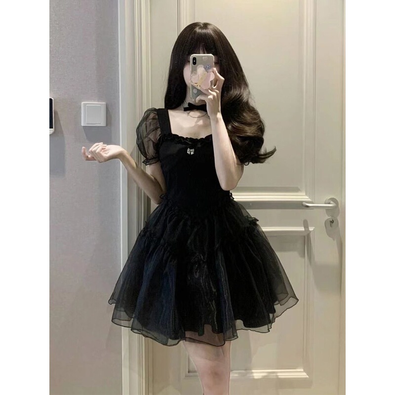Hepburn Style French First Love Little Black Dress Women's Summer New Sweet and Spicy Temperament Puff Sleeve Mesh Splicing Puffy Dress Hepburn Style French First Love Little Black Dress Women's Summer New Sweet and Spicy Temperament Puff Sleeve Mesh Splicing Puffy Dress