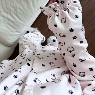 可爱猫爪印花女士睡衣秋冬季保暖加厚德绒套装美少女家居服两件套