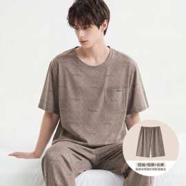 春夏新款纯棉男短袖短裤长裤套头三件套睡衣休闲男家居服图片色