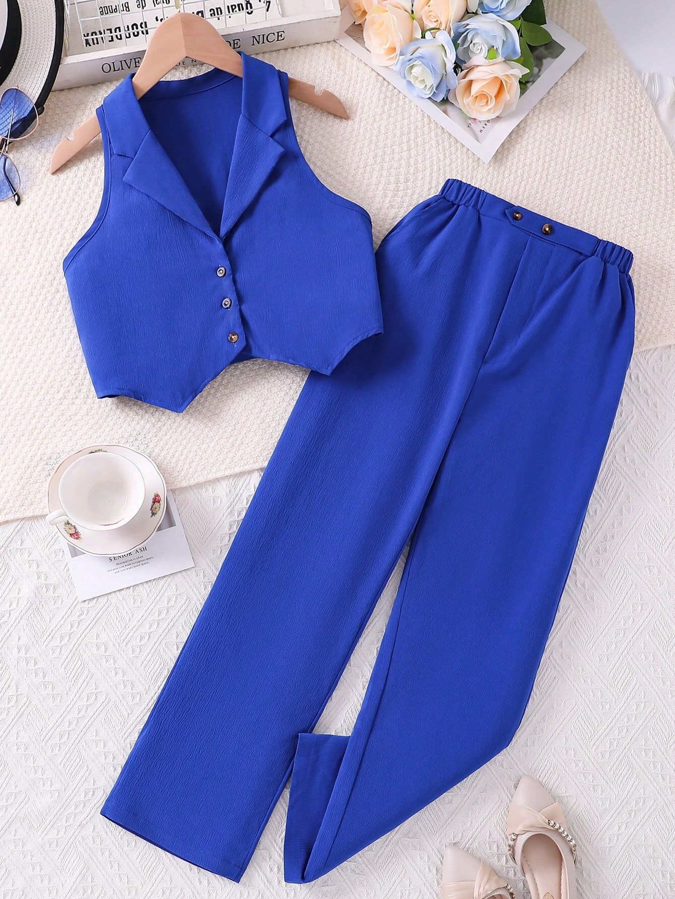 Traje para niños Verano coreano cardigan sin mangas traje corto top pantalones de dos piezas para niñas ropa infantil transfronteriza