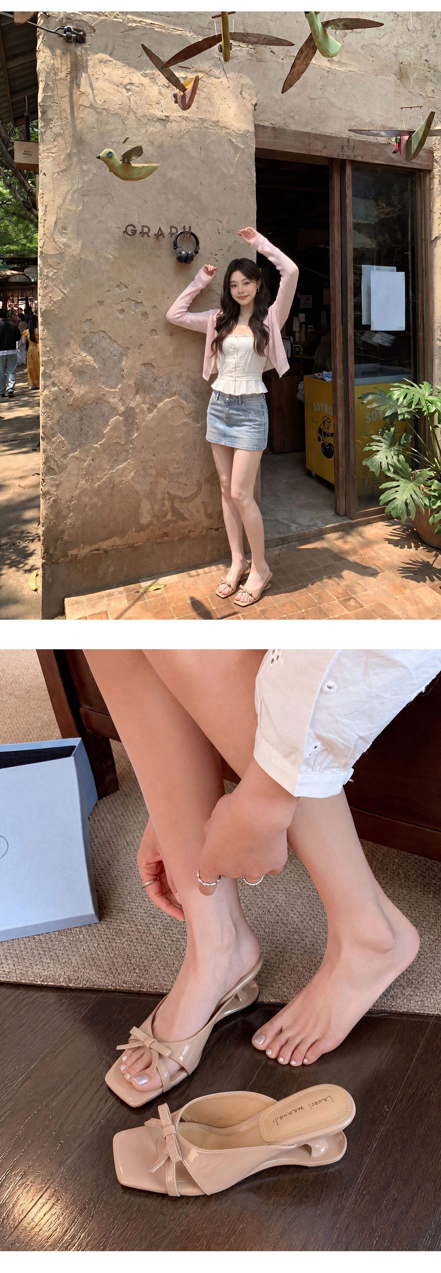 Sandal cao gót nữ mũi vuông da cừu nơ bướm đế mềm — Trần truồng hồng, Trắng chấm bi, bạc chi tiết 12