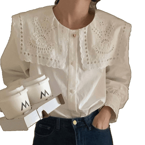 French cut-out embroidery collar single-breasted fashionable youthful white women's inner top Korean style