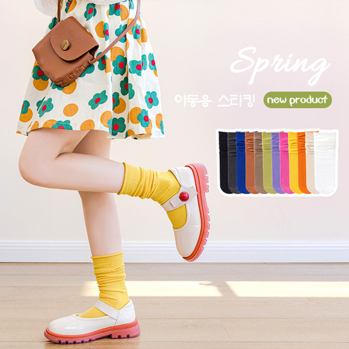 24 spring and summer solid color forest cotton girls' over-the-knee socks vertical strip pile socks Korean style calf socks children's socks wholesale