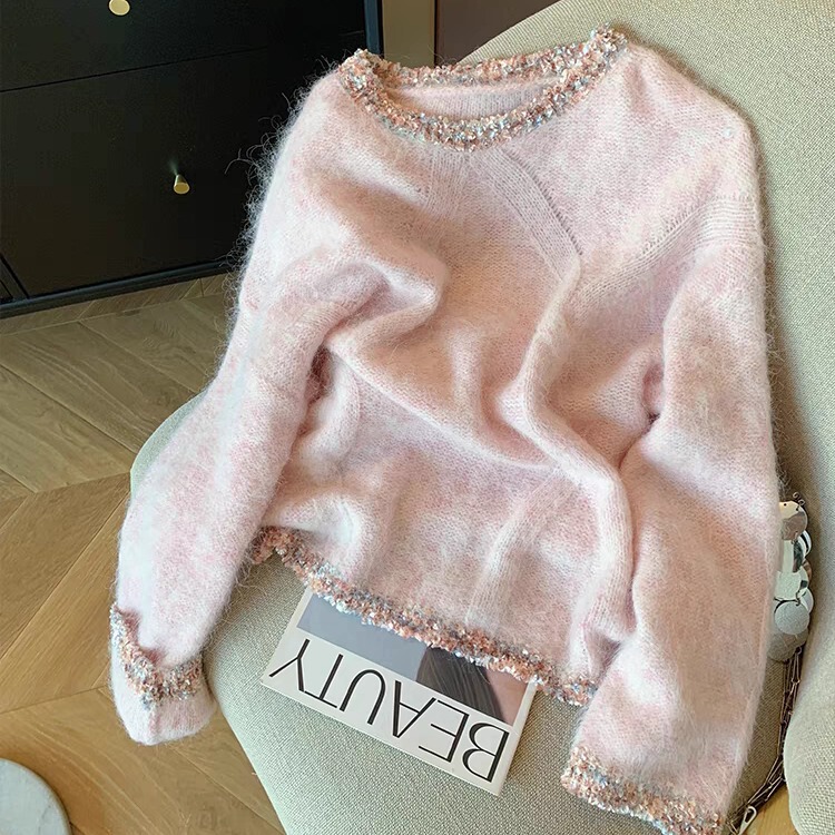 Pink Stitching Lace Mauhair Sweater Women's 2024 Autumn and Winter New Gentle Style Lazy Soft Waxy Age-reducing Knitted Sweater Pink Stitching Lace Mauhair Sweater Women's 2024 Autumn and Winter New Gentle Style Lazy Soft Waxy Age-reducing Knitted Sweater