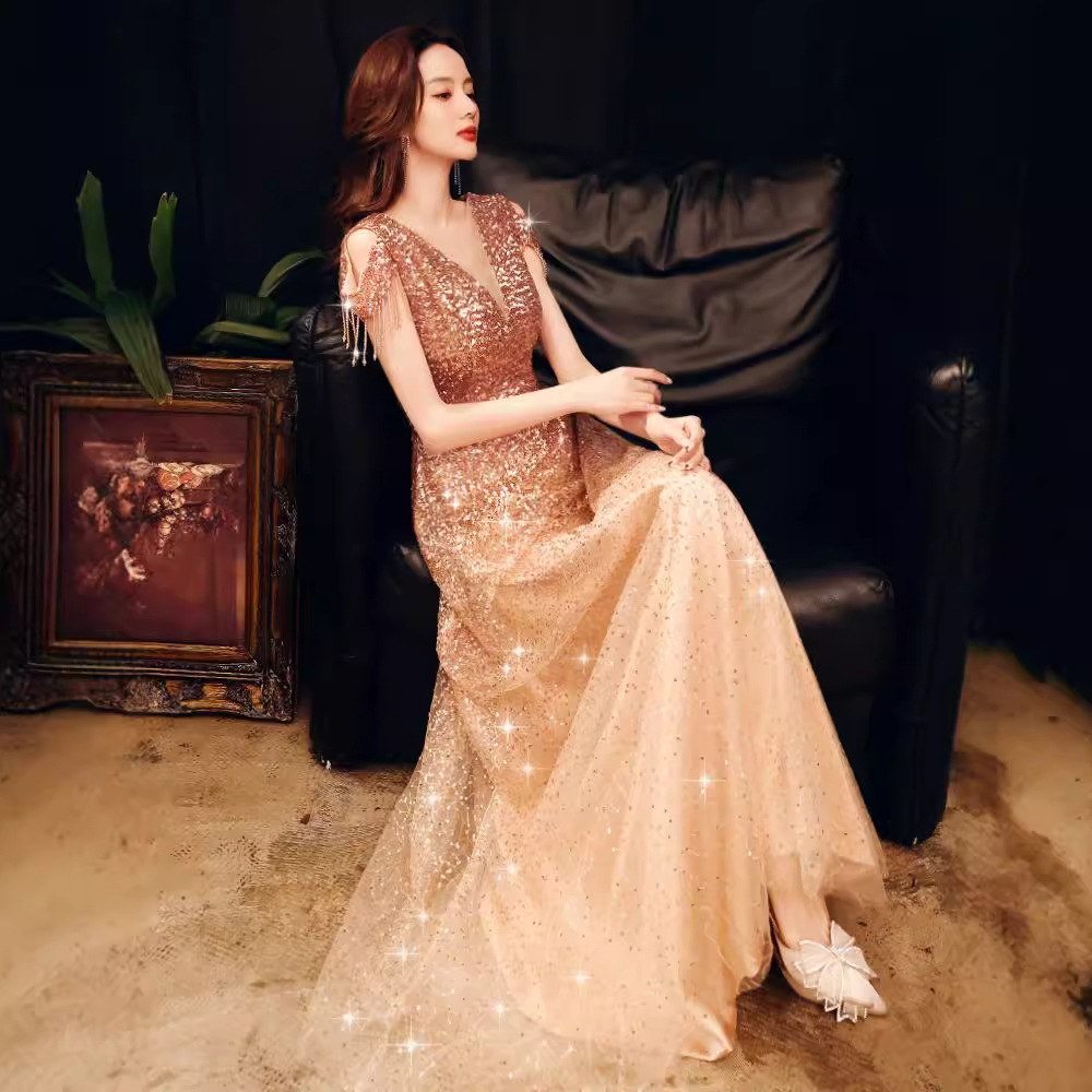 Vestido de noche para banquete, nuevo estilo 2026, con lentejuelas, corte ajustado, elegante, para eventos sociales, estudiantes, anfitrionas y reuniones anuales.
