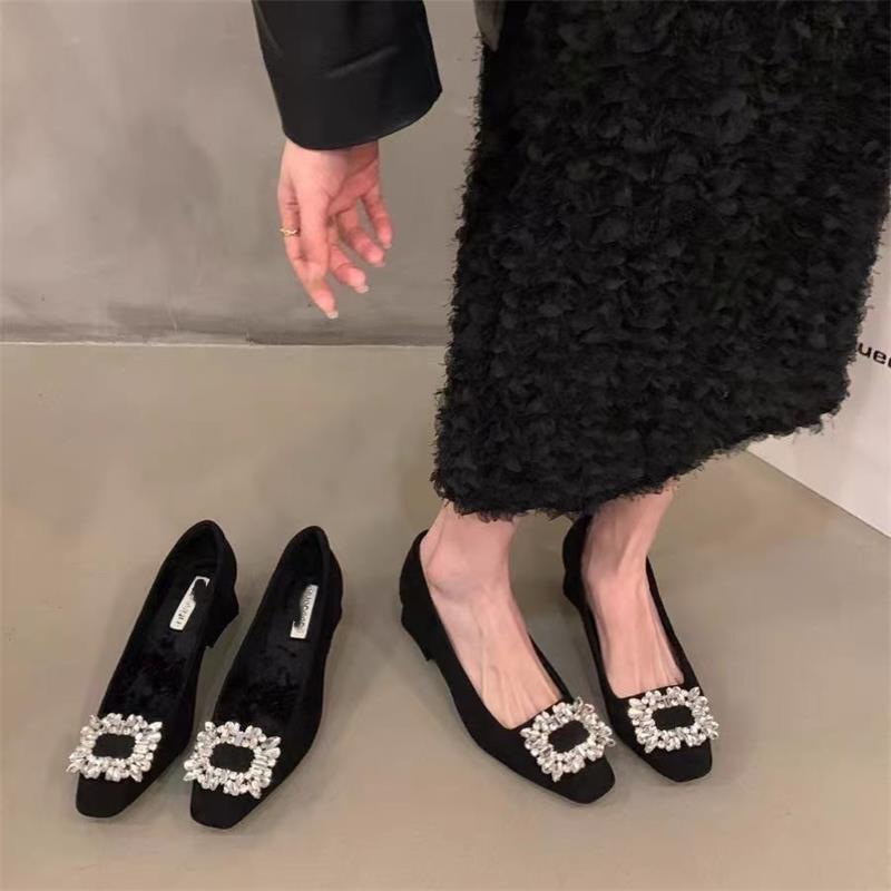 Thick Heel Square Toe Rhinestone Flats Women's Shoes 2025 New Spring and Autum High-End High Heels Elegant Commuter Shoes
