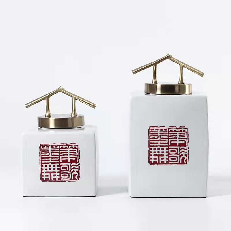 新中式现代软装陶瓷红色印章储物罐酒店橱柜铜艺术样板房玄关摆件