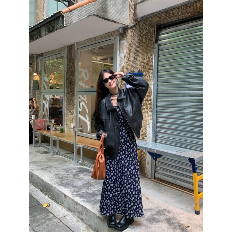 Real Shot at Real Price~ Layered Atmosphere Draped Floral Dress for Women + Heavy Vintage Jacket Leather Coat Fashion Set