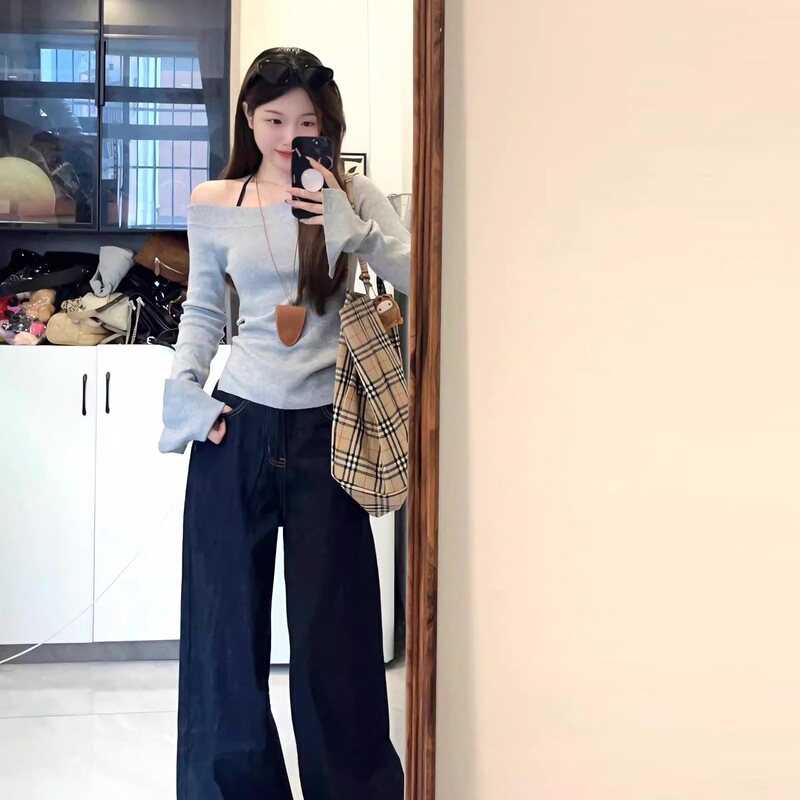 【人棉】斜肩露肩长袖打底女秋冬修身显瘦辣妹上衣打底衫设计|undefined