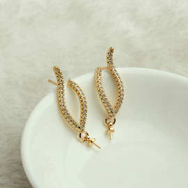 14k镶锆石柳叶带空托耳钉 diy手工饰品配件 长条形耳钩配件帽耳针