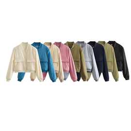 速卖通批发春季新款女装欧美风纯色单排扣大口袋修身夹克外套