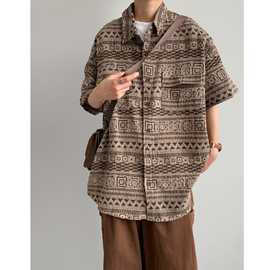 复古衬衫男夏装港风学生宽松小众设计感趣味新款男装上衣外穿