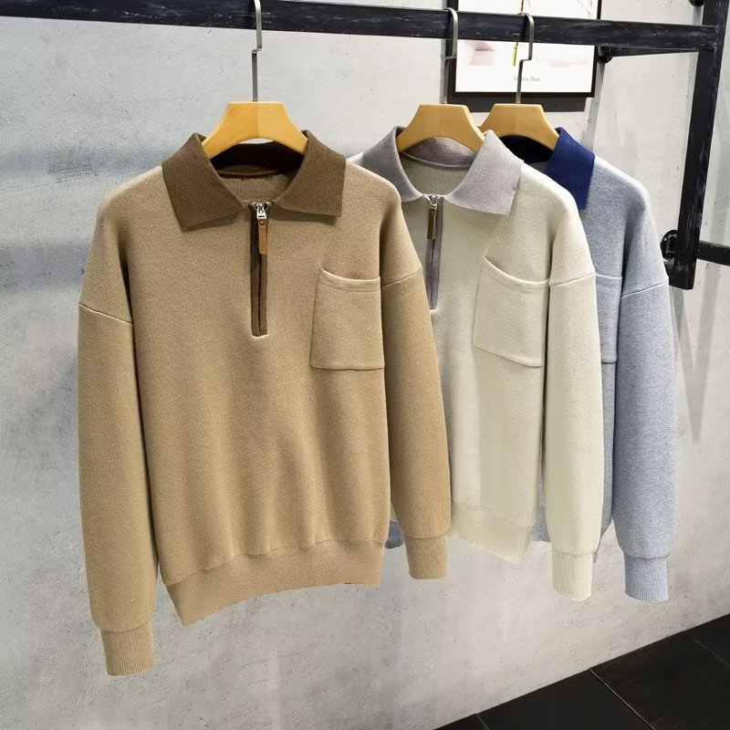 Contrast color Polo collar sweater autumn and winter men's handsome loose plus size casual half zipper sweater one-piece delivery