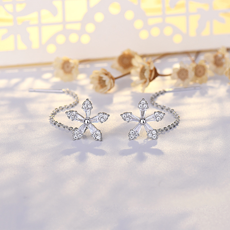 Pendientes Largos de Plata de Ley S925 con Incrustaciones de Circonita en Forma de Flor, Versátiles, con Borla, Estilo Lujoso y Ligero, Pendientes de Cristal Dulce de TikTok