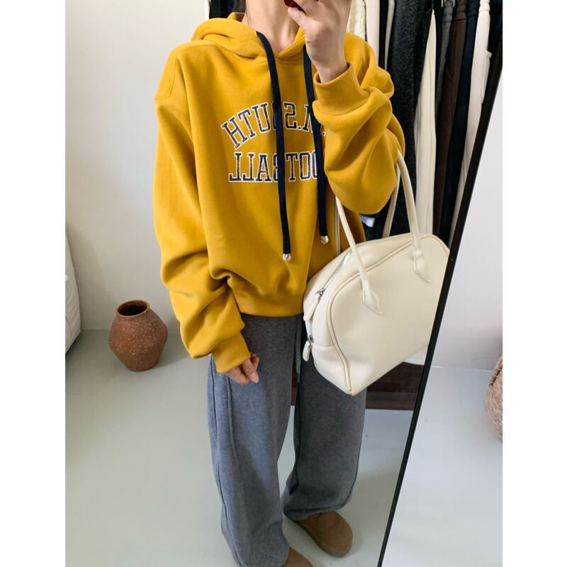 2025 Korean Style Letter Print Hooded Sweatshirt for Women, Loose Fit, Slimming, Fleece-Lined Top, Relaxed Fit Sweatshirt, Trendy Winter