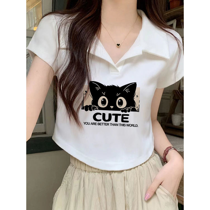 Cotton White Polo Collar Short-Sleeved T-Shirt for Women Summer 2025 Sexy Trendy Slim Fit Right Shoulder Short Top
