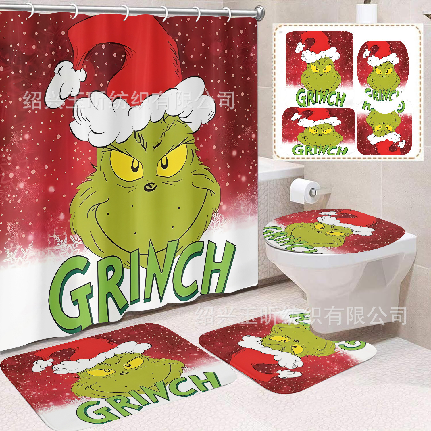 Tela de cortina de ducha transfronteriza, cortina de ducha impermeable, alfombra antideslizante de baño, juego de Grinch 4 de pelo verde al por mayor, sin perforación