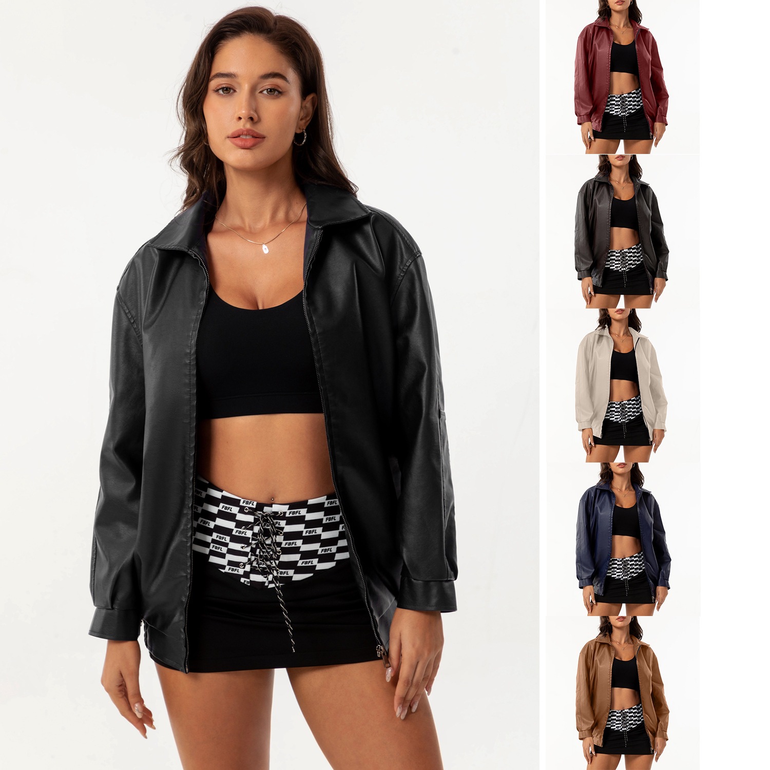 2024欧美时尚流行宽松款皮衣女OVERSIZE女士夹克长袖翻领春秋外套