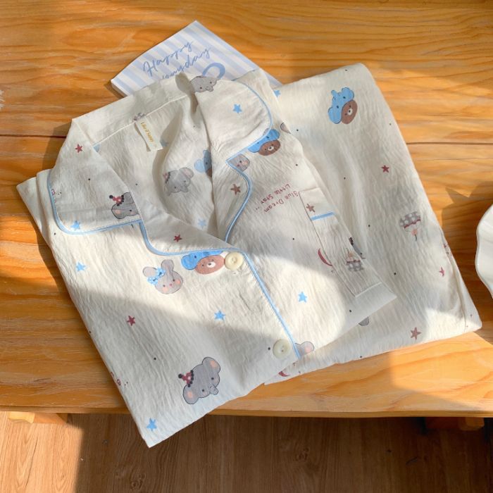 Nuevo conjunto de pijamas de algodón nublado transfronterizo de manga larga delgada primavera y otoño de mujeres lindos pantalones de dibujos animados dulces ropa para el hogar
