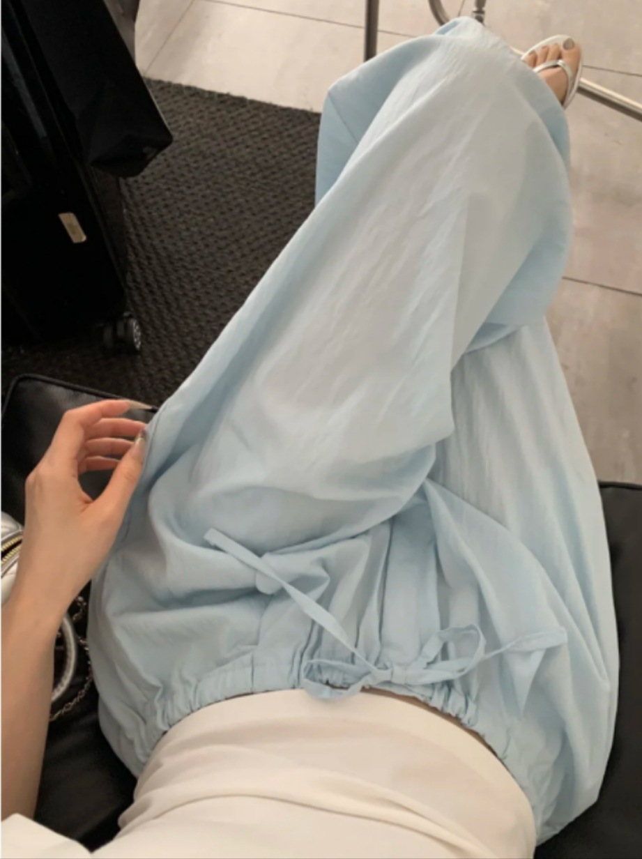Chao recomienda ~ textura simple pantalones casuales de correa azul temperamento delgado suelto pantalones de piernas largas de primavera