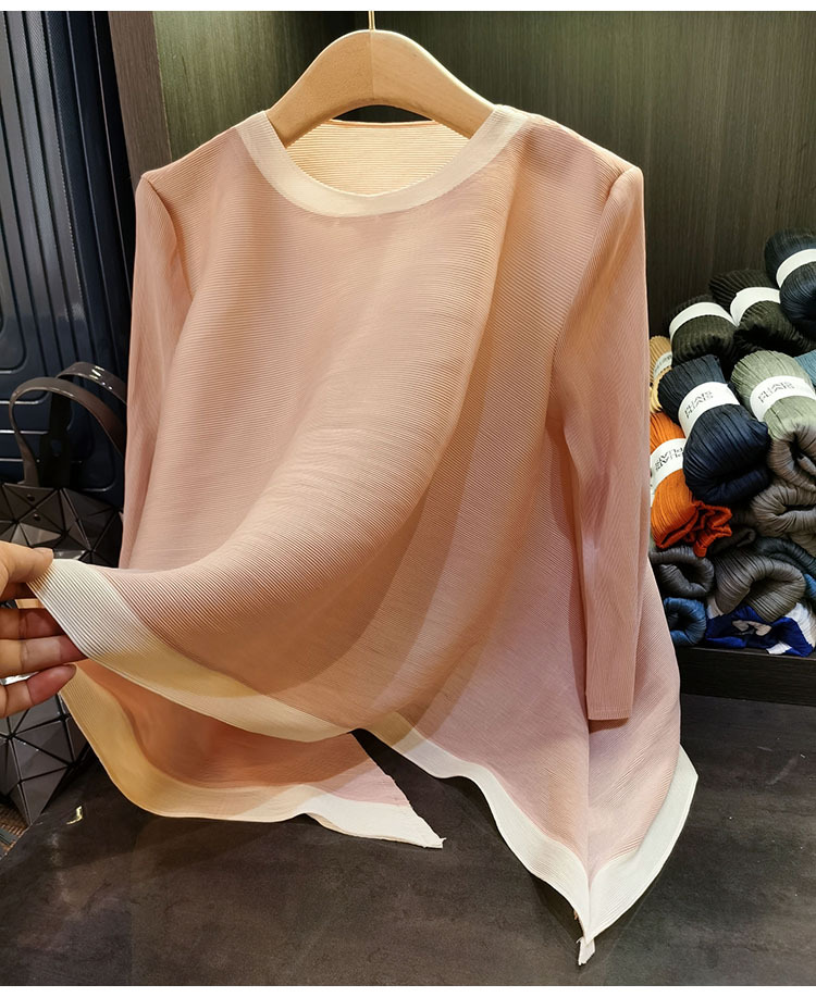 Áo thun nữ cổ tròn tay lỡ phối màu tương phản, dáng rộng xếp ly bất đối xứng — Màu xanh, Màu tím hồng, Màu đỏ hoa hồng, Màu hồng chi tiết 16