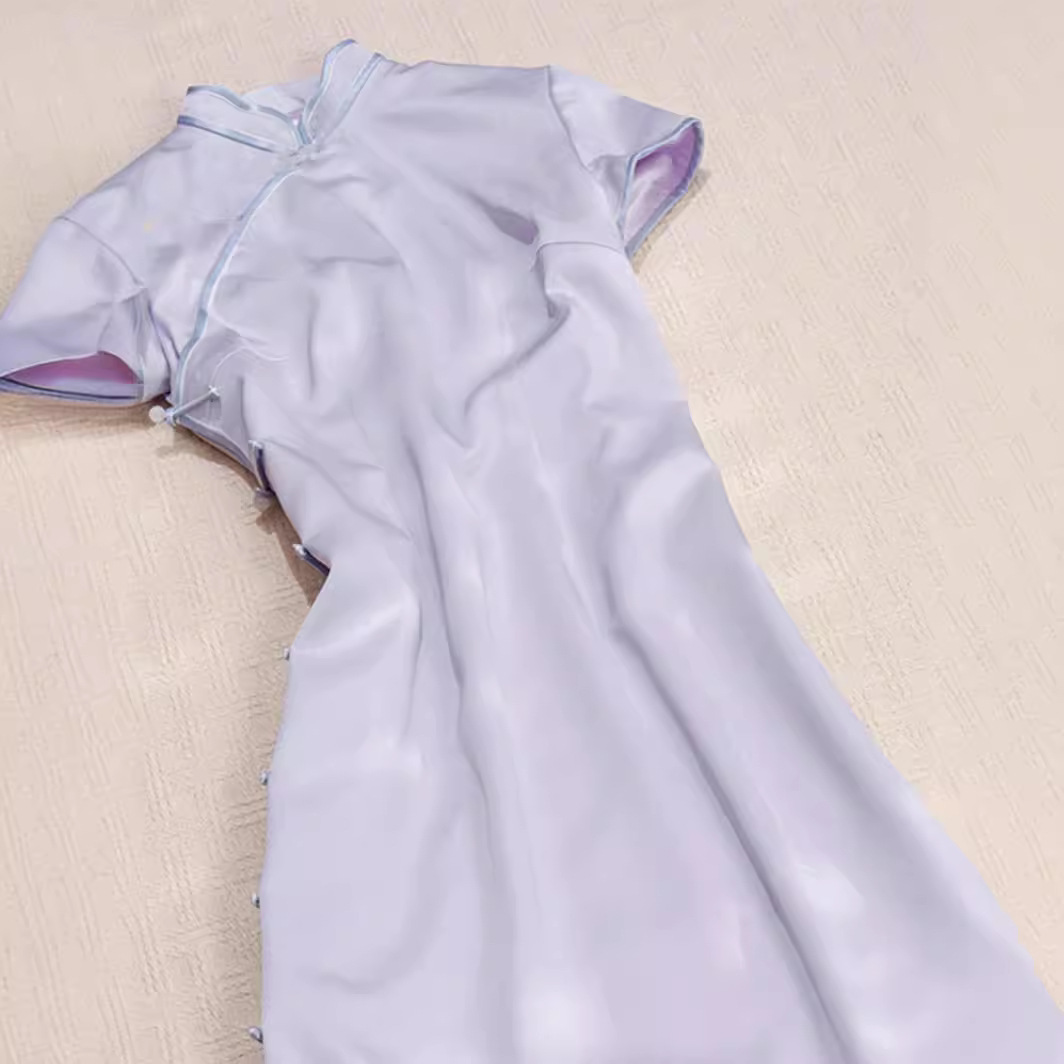 Đầm maxi nữ thắt eo phong cách Trung Hoa cải tiến, cổ khóa chéo, tay ngắn, họa tiết hoa tím khoai môn — Màu tím