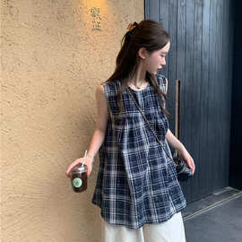 日系复古设计感格子圆领衬衫女夏季新款宽松无袖休闲娃娃衫上衣潮