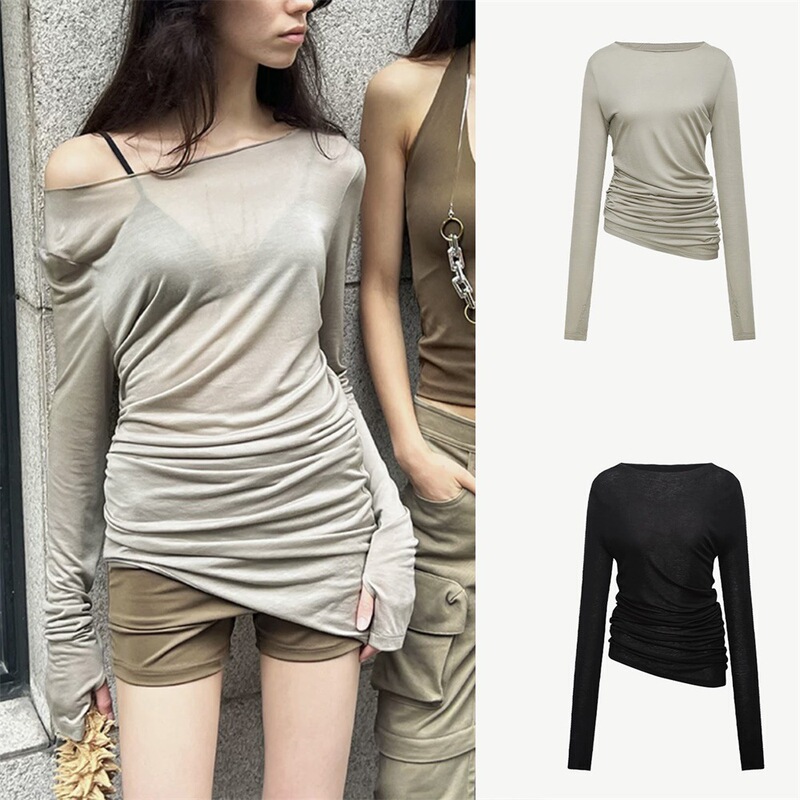 Thin Tencel Asymmetrical Smocked Waist Boat Collar Long-Sleeved Top for Women Black/Khaki Brown