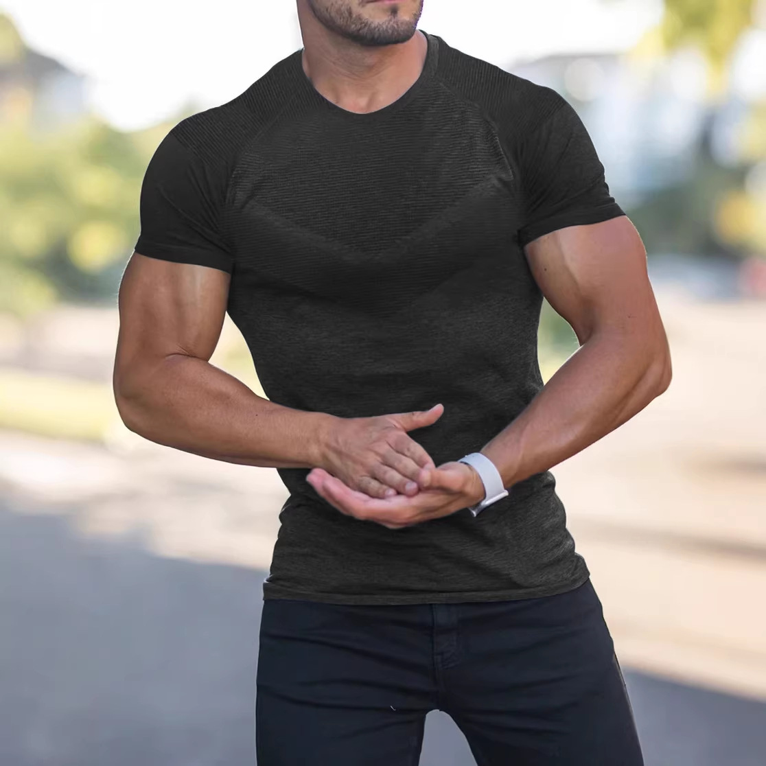 Comercio exterior transfronterizo entre Europa y Estados Unidos Wish hombre de otoño deportivo acondicionamiento casual cuello elástico catiónico cuello redondo camiseta de manga corta