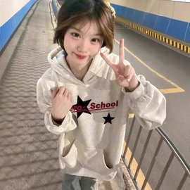 美式复古hiphop连帽卫衣女2024新款秋冬宽松小众潮牌加绒加厚外套