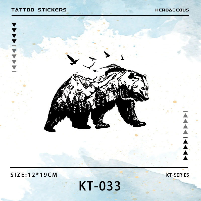 Abstract Brown Bear Scenery Herbaceous Juice Tattoo Sticker Men's Chest Back Side Waist Simulation Tattoo Waterproof Long-lasting Pattern