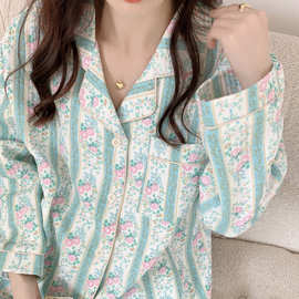 实拍2024秋冬新款睡衣夹棉条纹碎花简约长袖长裤家居服套装女批发