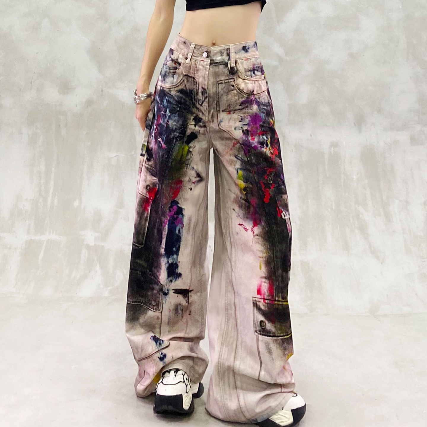 Trendy European and American Style Graffiti Painted Jeans for Men, Summer New Loose Slimming Versatile Straight Wide-Leg Pants