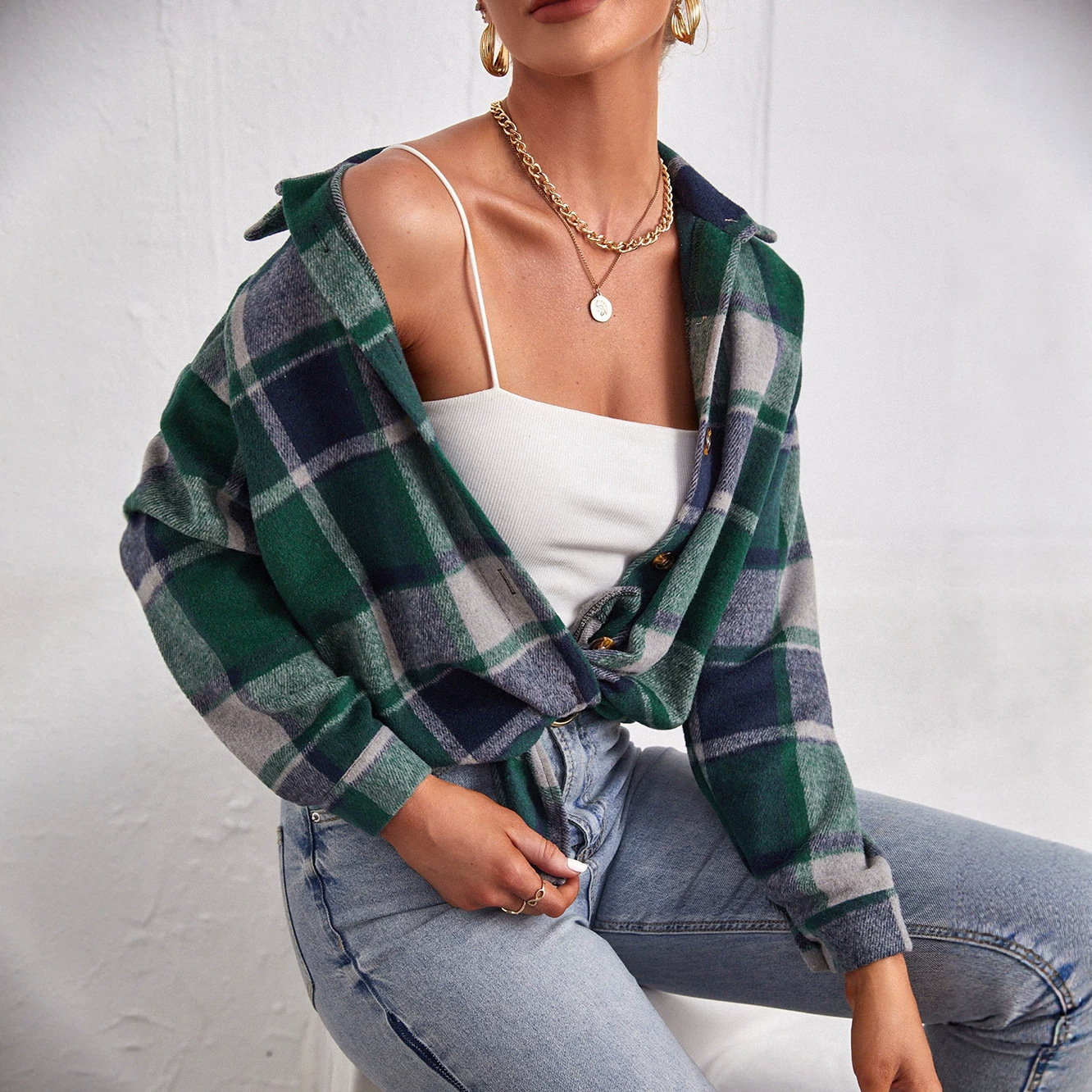 Abrigo de Lana a Cuadros para Mujer de Lana y Poliéster con Solapa y Botones para Otoño e Invierno image 5