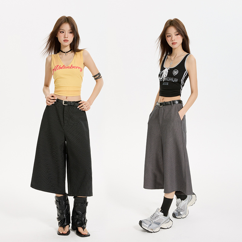 TXJ Black Striped Casual Cropped Shorts Women's Summer New High Waist Loose Laid-back Straight Leg Wide-leg Pants