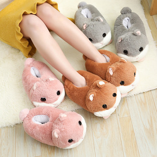 Cute Cartoon Fleece-lined Hamster Cotton Slippers Winter Warm All-covered with Plush Slippers for Men and Women Couple Home Cotton Shoes
