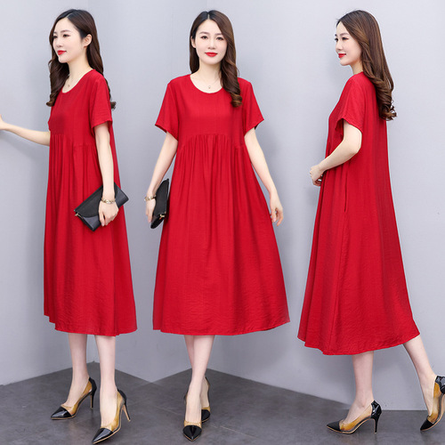 Summer Solid Color Cotton Satin Short-Sleeve Dress for Women Fashion Mother's Outfit Slimming Loose Elegant Medium-Length Skirt