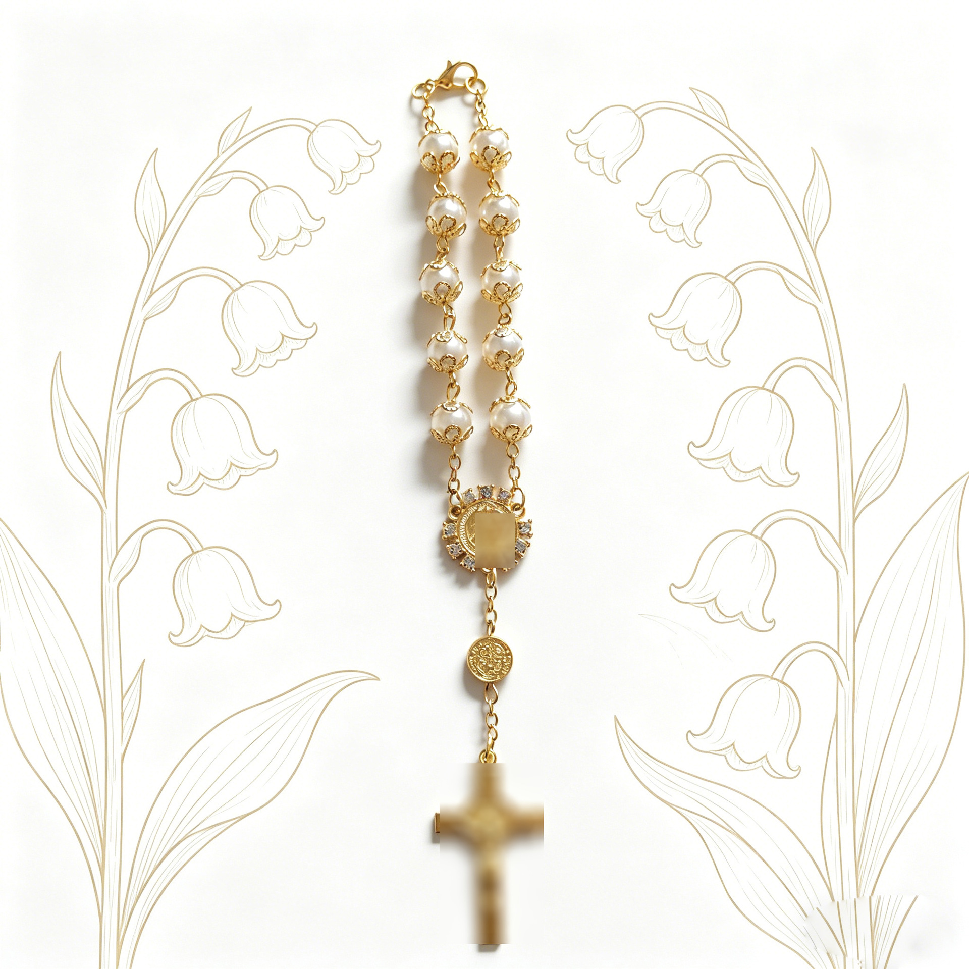 Rosary Bracelet, Gold and Silver Lace Glass Imitation Pearl Bracelet, Amazon 8mm Cross Beads