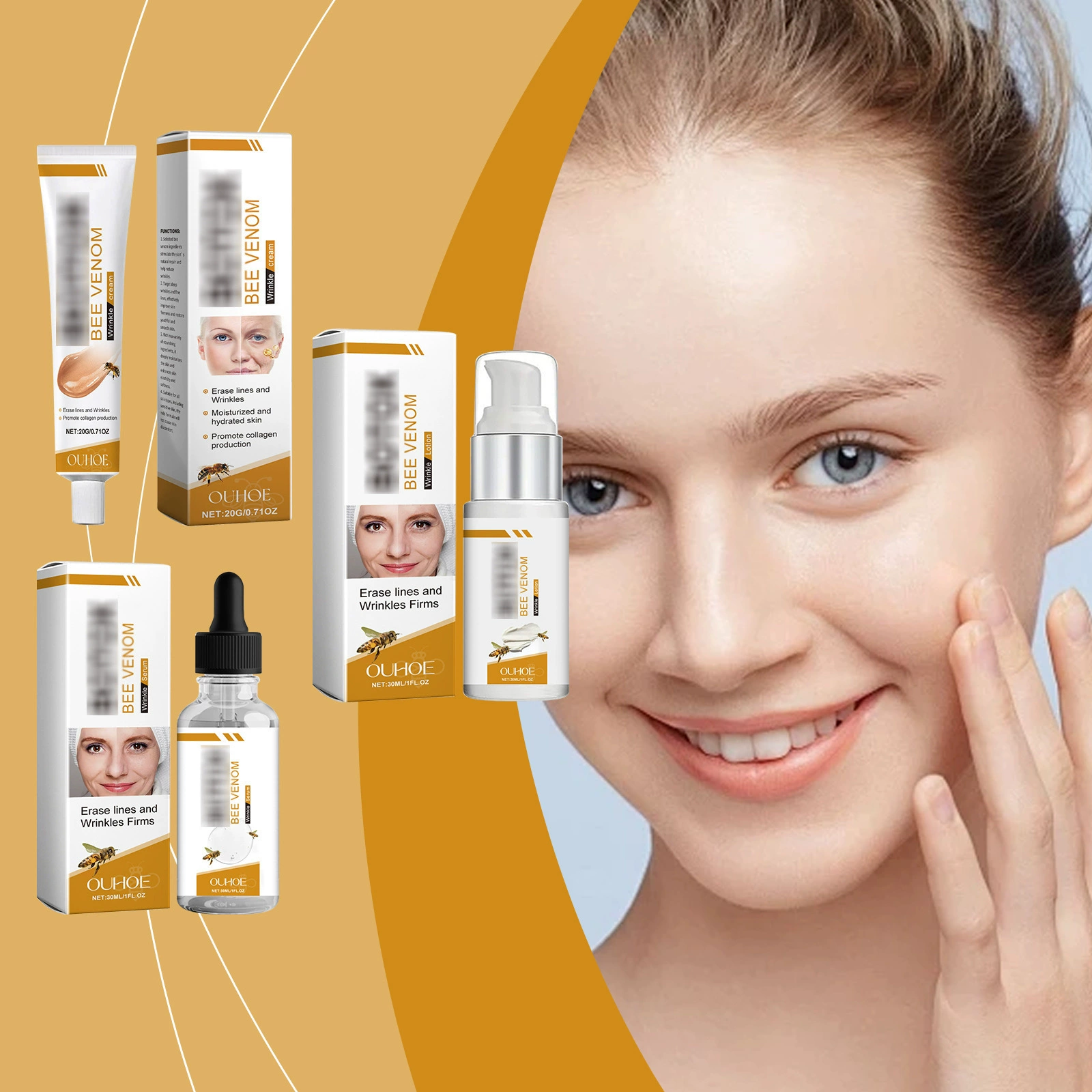 OUHOE Набор для ухода за лицом с пчелиным ядом, питательный, увлажняющий, исчезающий, тонкие линии на лице, мягкий уход за кожей
